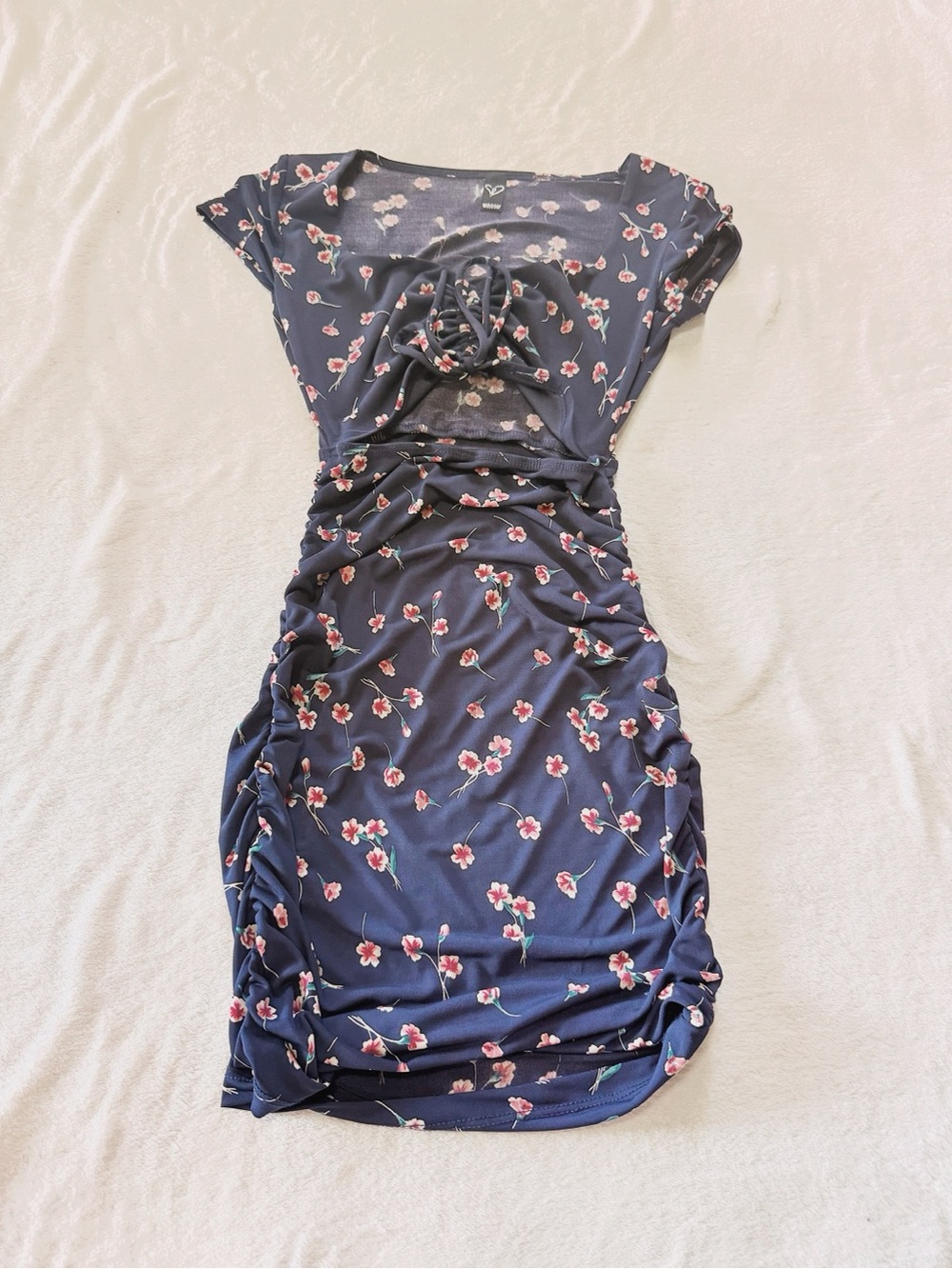 Windsor Navy Floral Ruched Mini Dress with Pink Blooms